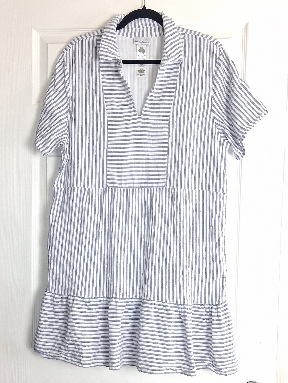 Tommy Bahama Blue White Stripe Short Sleeve Tiered Linen Blend V-Neck Dress